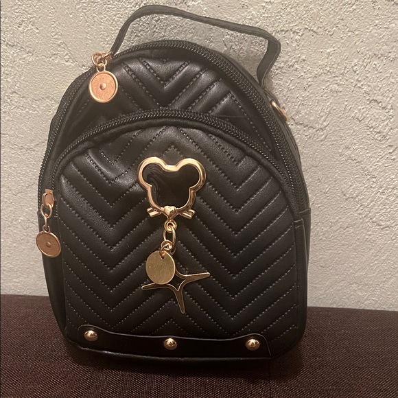 KICHEN & BAG-1980 city and new fashion Handbags - #1547+ Micky Ear Shape Unisex Black Quilted Mini Backpack with Gold Accents